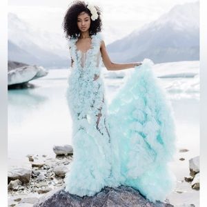 Luxury Aqua Ruffled Tulle Wedding Gown Gala Dress